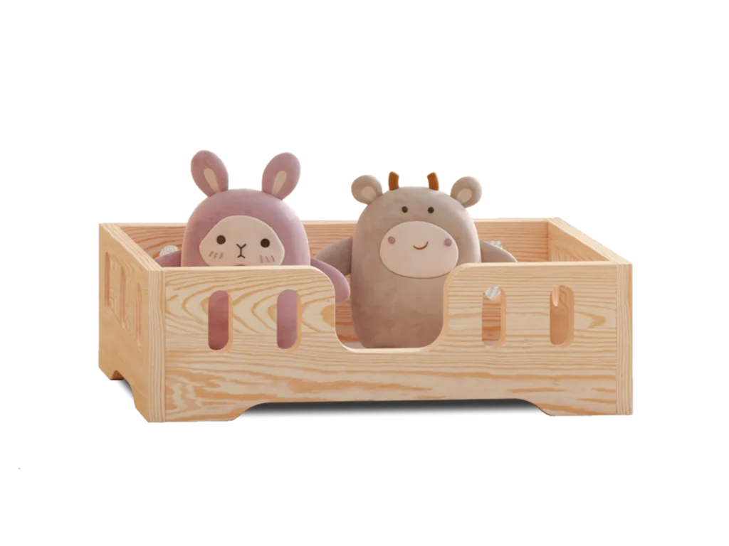 Letto in legno per bambole con aperture ovali nelle sponde e ingresso centrale in colore legno naturale