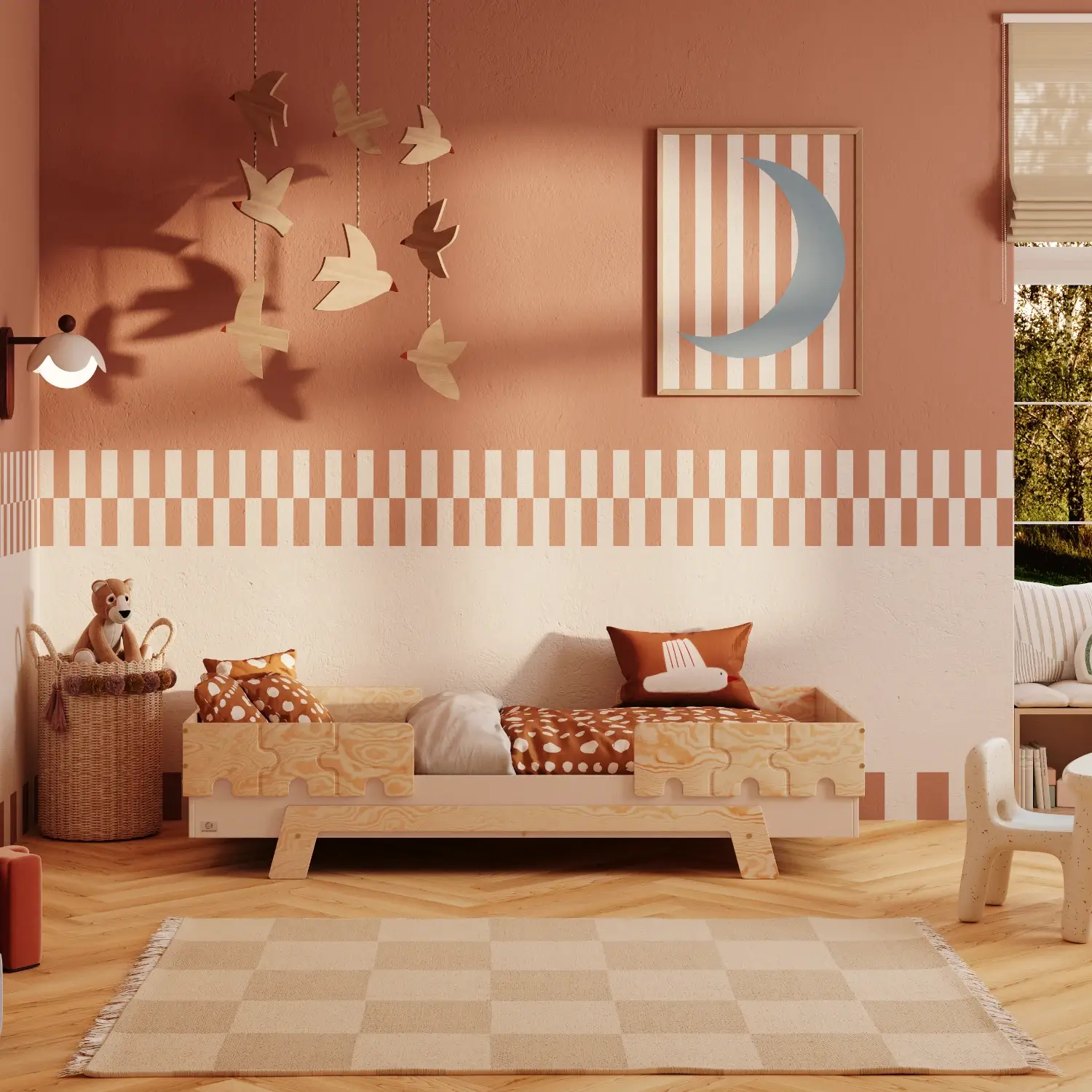 Lit simple enfant en bois avec barrières et sommier PUZZLE BR2 Montessori