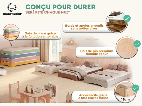 Lit simple bas en bois pour enfants avec sommier TILA 7 Montessori