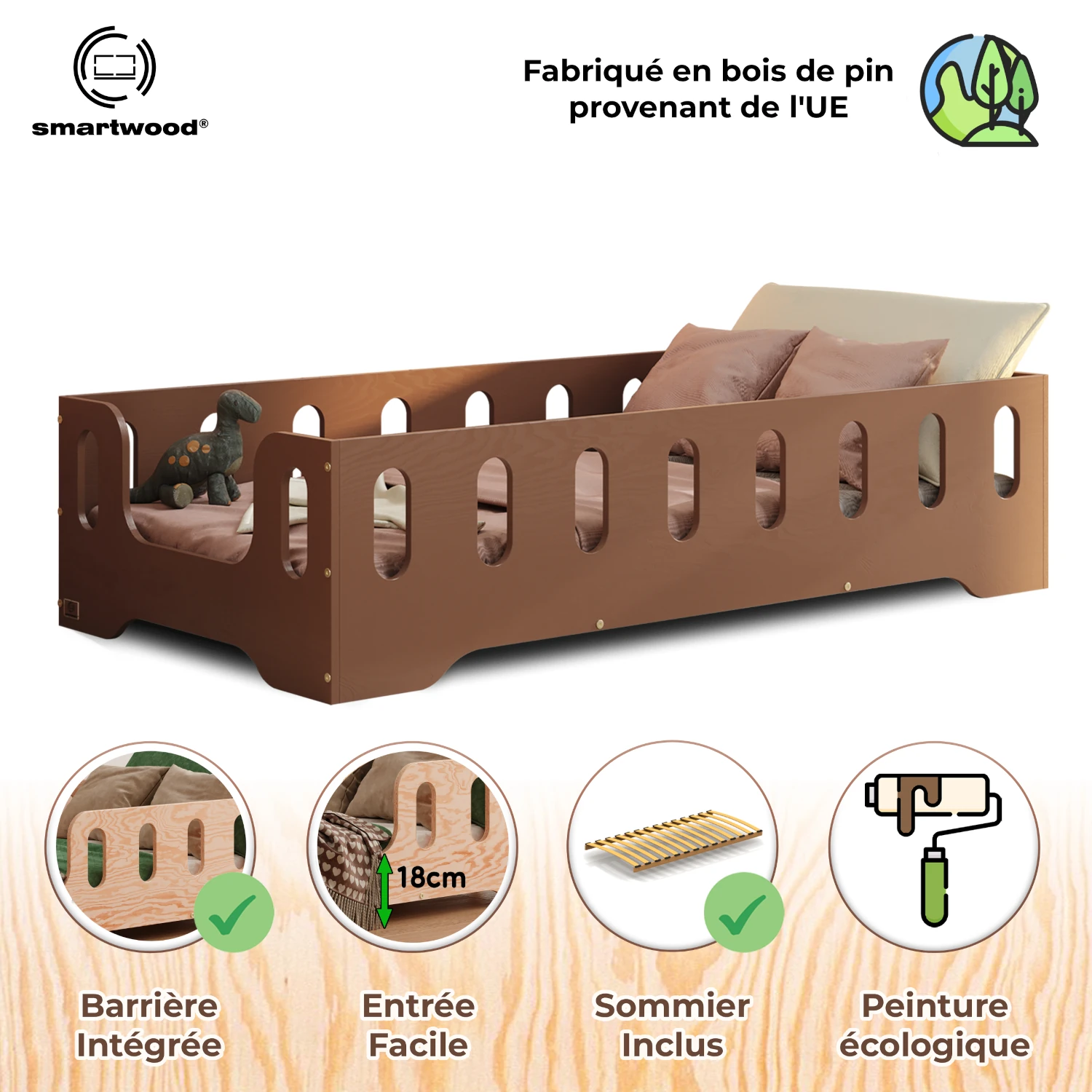 Lit simple en bois pour enfant avec barrière de sécurité et sommier TILA 2 Montessori