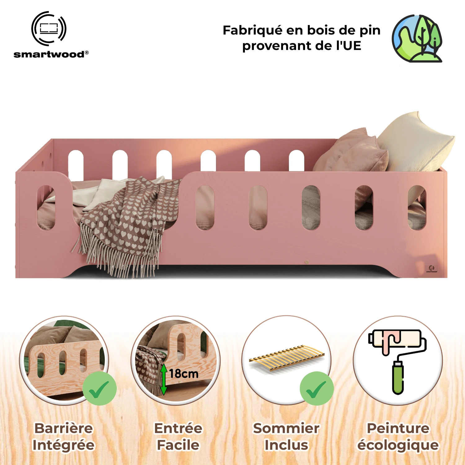 Lit simple en bois pour enfant avec barrière de sécurité et sommier TILA 2 Montessori