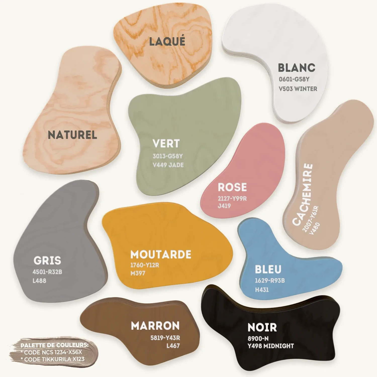 Nuancier avec codes couleur (NCS / Tikkurila) — finitions disponibles