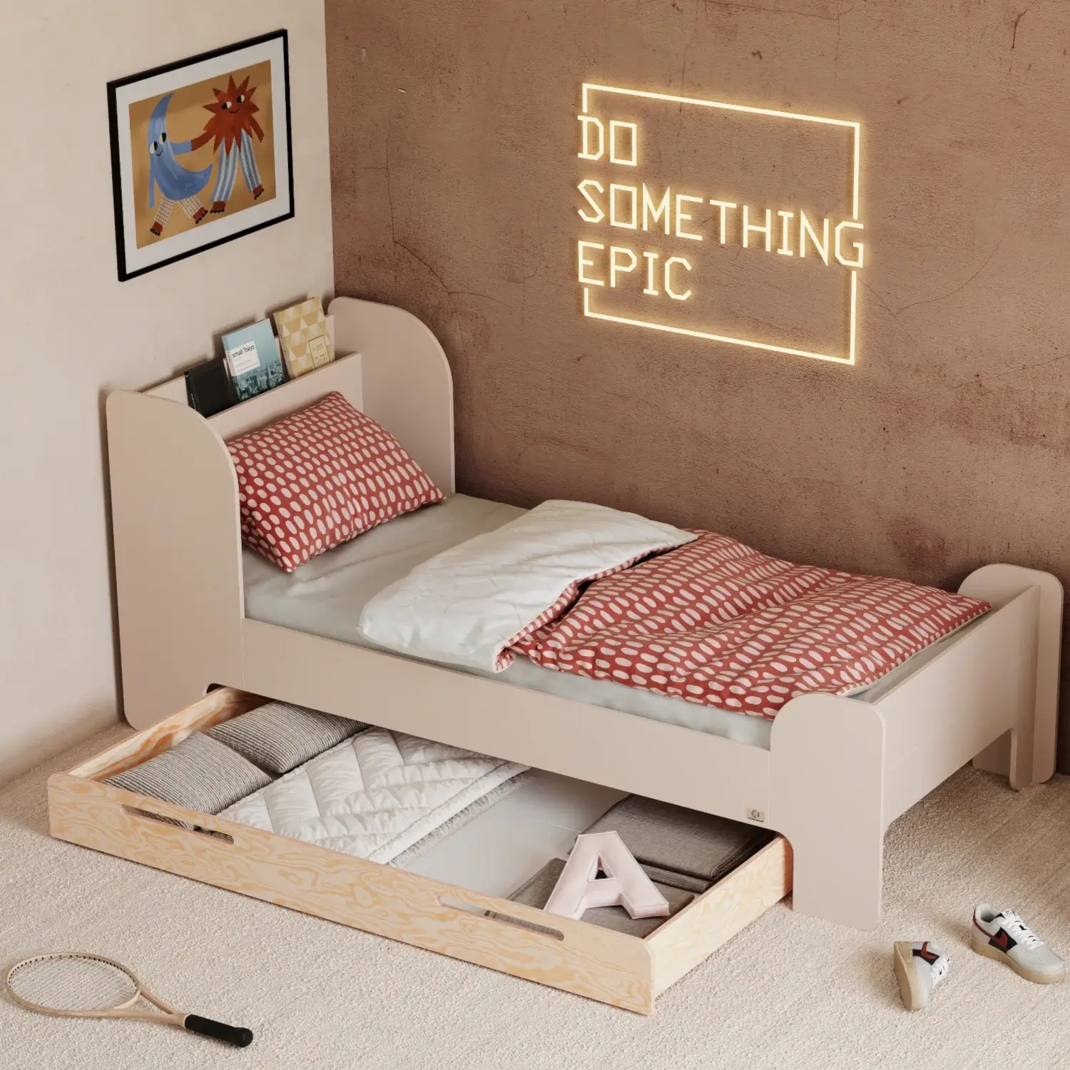 Lit pour enfants et adolescents avec tiroir et sommier FLOU D Classique en bois