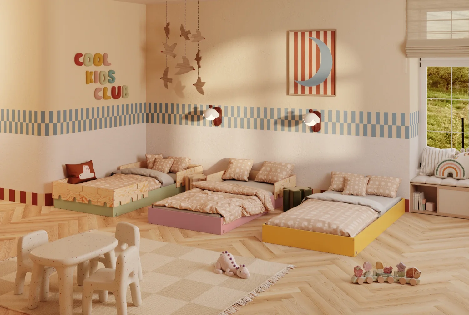 Lit simple enfant en bois avec barrières et sommier PUZZLE BR2 Montessori