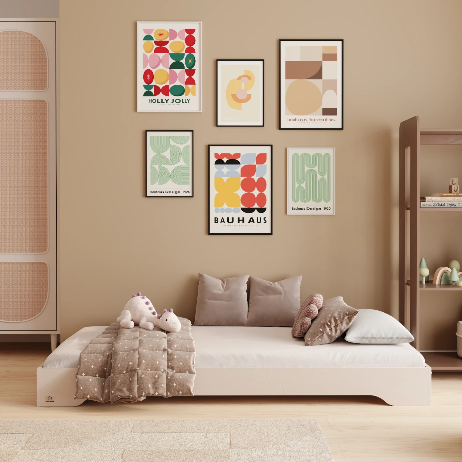 Lit enfant bas en bois TILA 7, finition cachemire, avec sommier