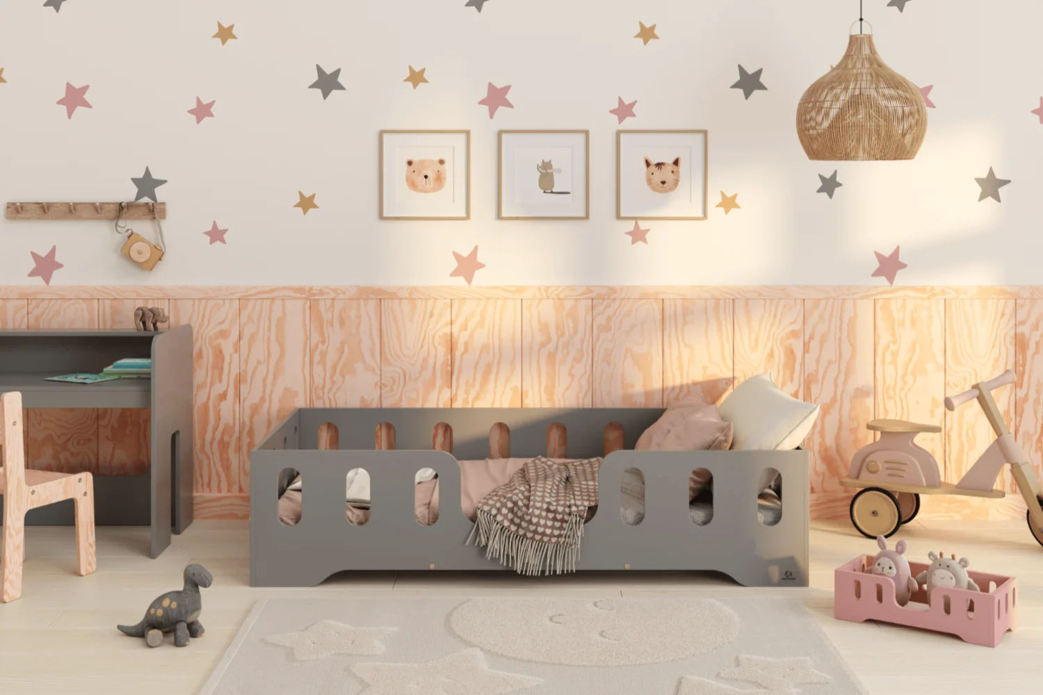 Lit simple en bois pour enfant avec barrière de sécurité et sommier TILA 2 Montessori Gris