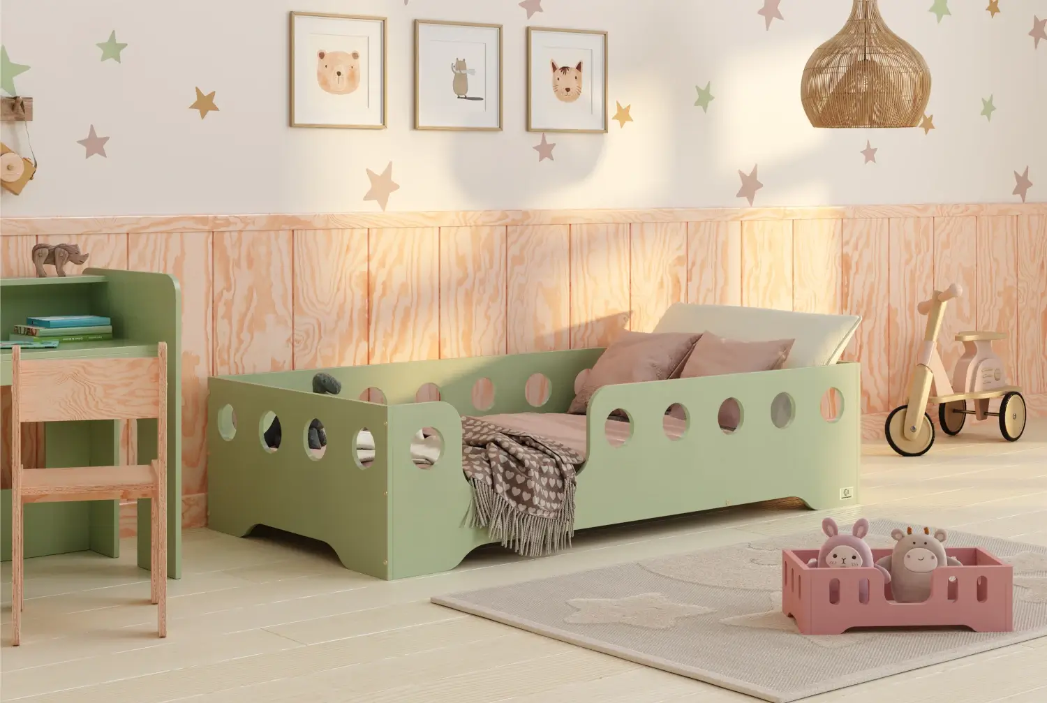 Lit simple enfant en bois avec barrière de sécurité et sommier TILA 4 Montessori Vert