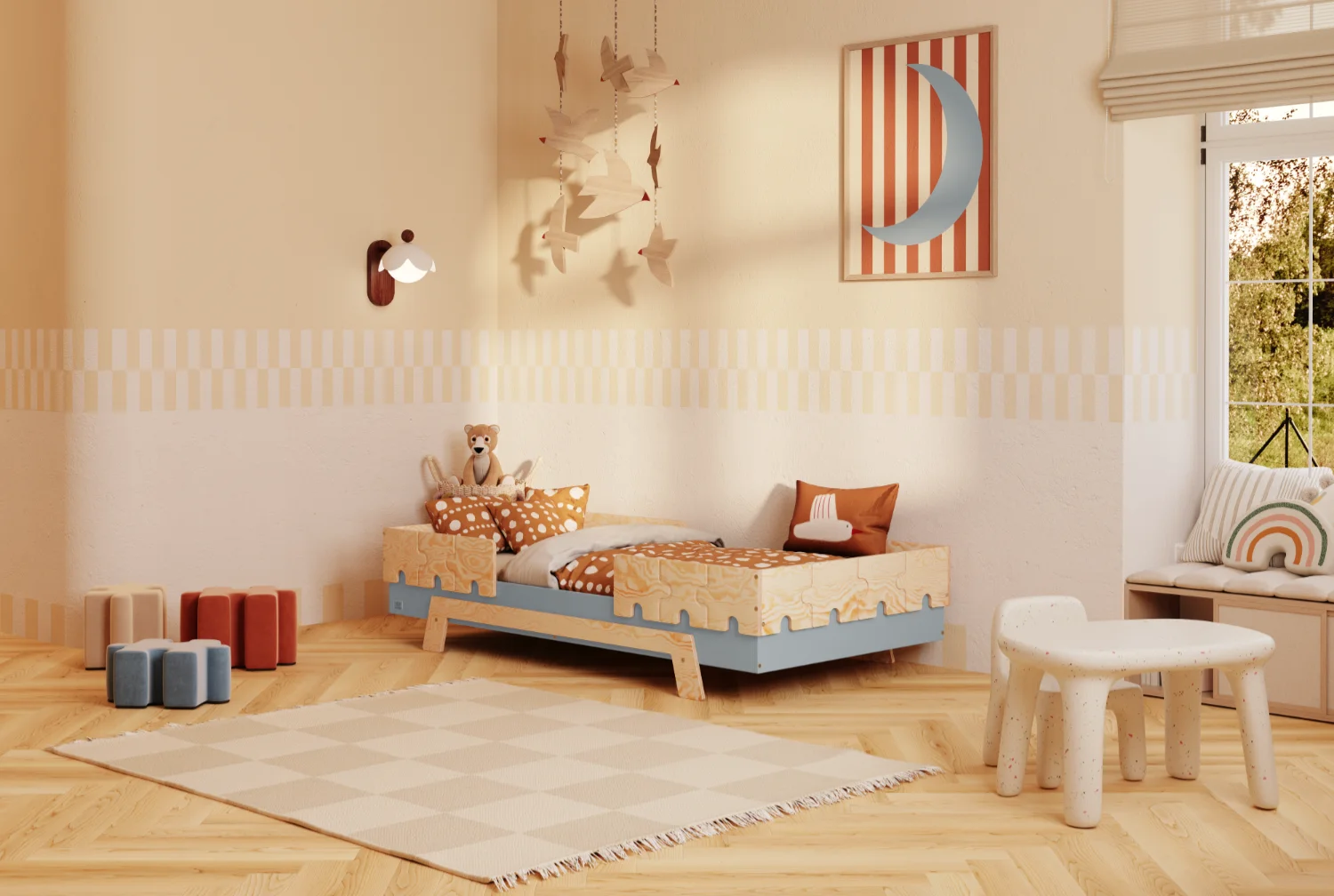 Lit simple enfant en bois avec barrières et sommier PUZZLE BR2 Montessori