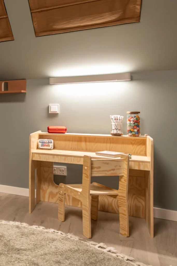 Étagère pour enfants en bois avec trois tablettes fabriquée en contreplaqué de pin dans une chambre d’enfant