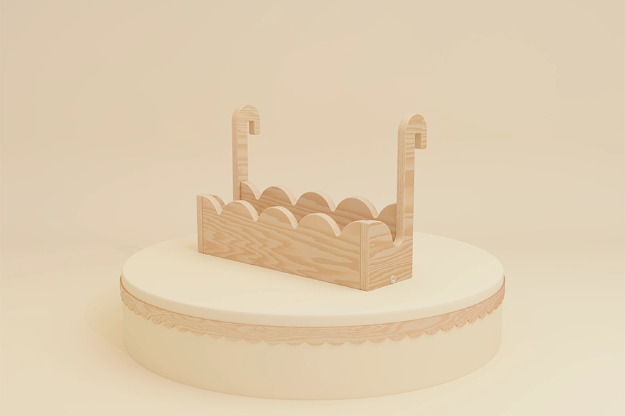 Mensola sospesa per libri per bambini in legno naturale, design semplice e rustico, perfetta per un ambiente Montessori.