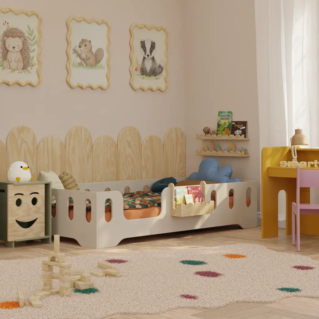 Cameretta Montessori con letto basso per bambini e mensola sospesa LULI in legno naturale fissata alla sponda del letto.