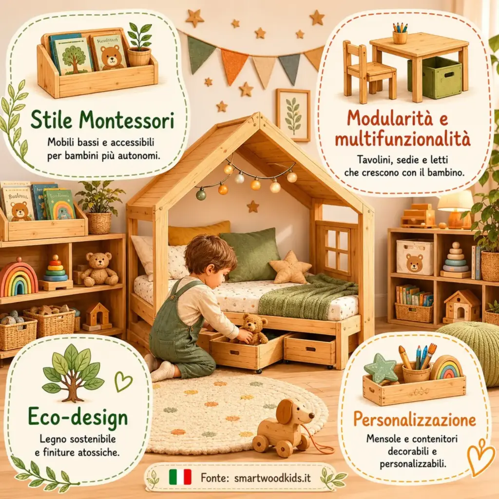 Infografica: cameretta in stile Montessori con mobili bassi e accessibili, modularità, eco-design e personalizzazione per bambini più autonomi.
description: Infografica: come arredare una cameretta Montessori - mobili accessibili, sostenibili e modulari che crescono con il bambino. smartwoodkids.it
