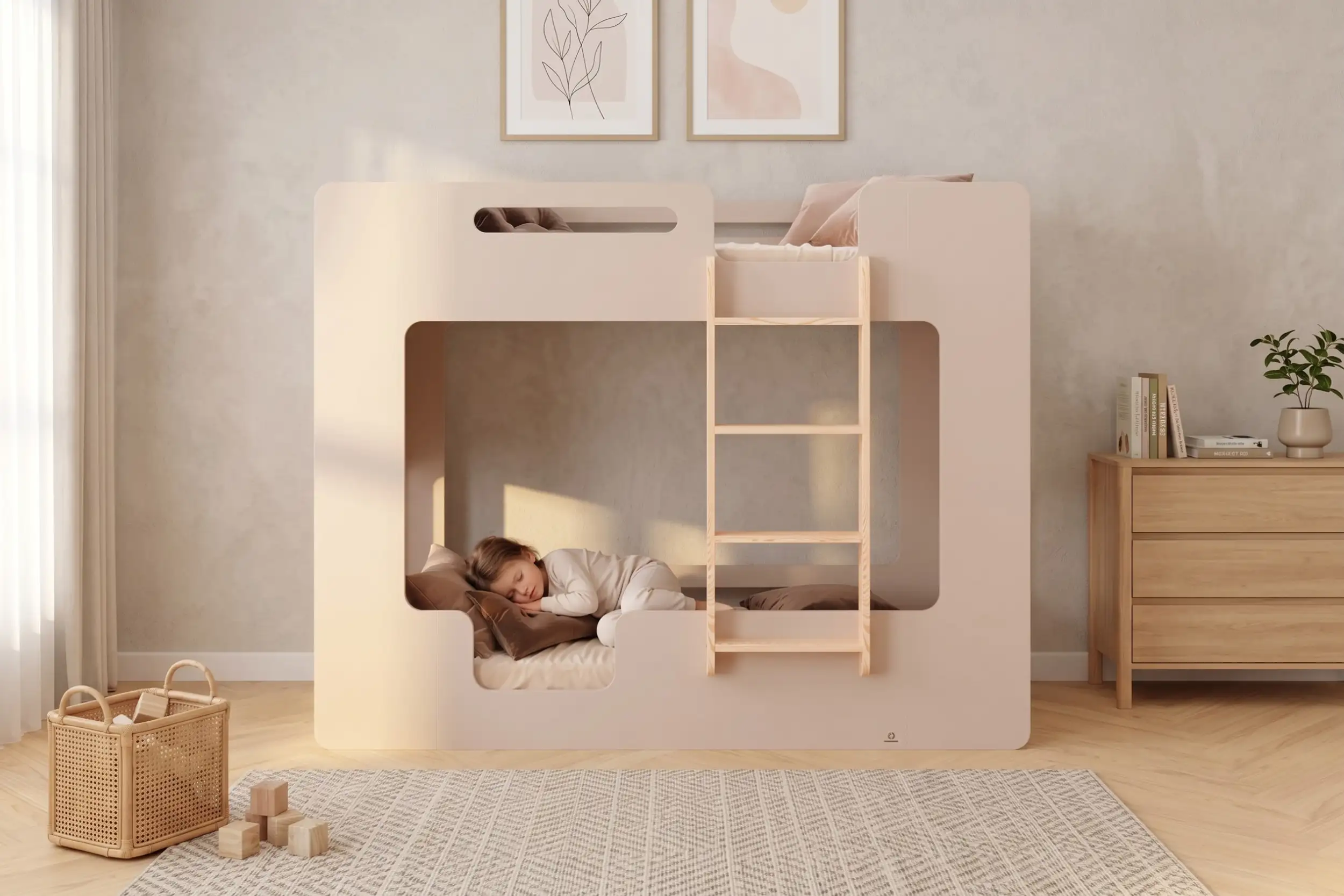 Letto a soppalco MIMI D Smartwood color cashmere in una cameretta accogliente - bambina che dorme nel letto inferiore con scala in legno naturale