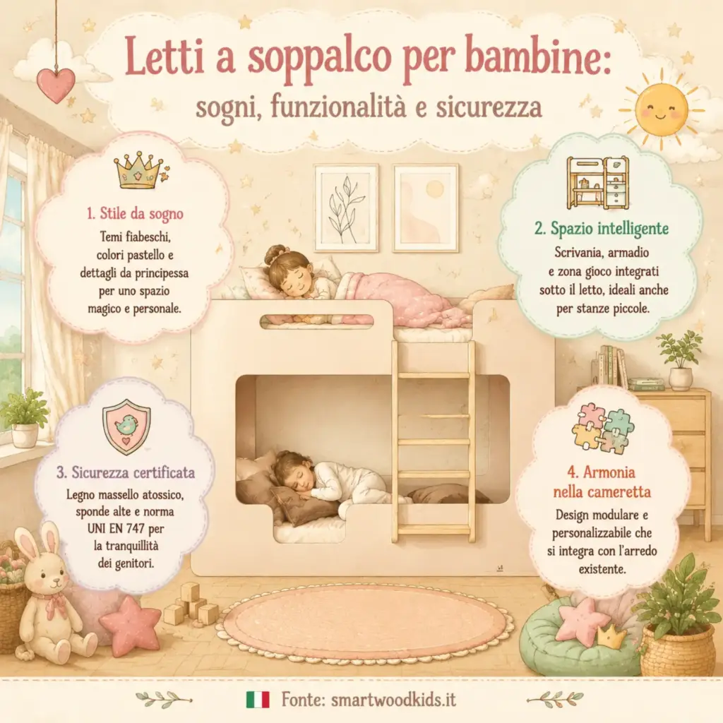 Infografica Smartwood - letti a soppalco per bambine: stile da sogno, spazio intelligente, sicurezza certificata e armonia nella cameretta.