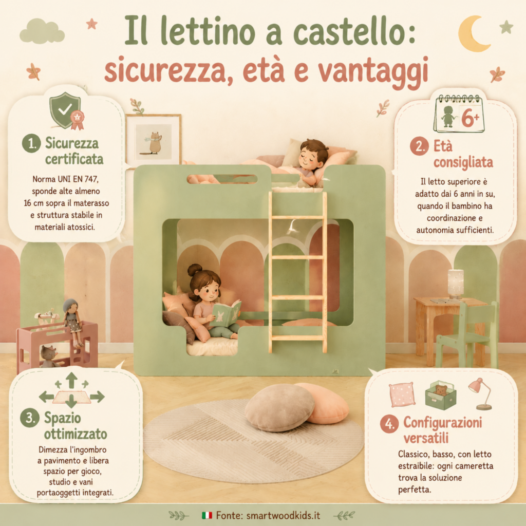 Infografica Smartwood - lettino a castello: sicurezza, età consigliata, spazio ottimizzato e configurazioni versatili.