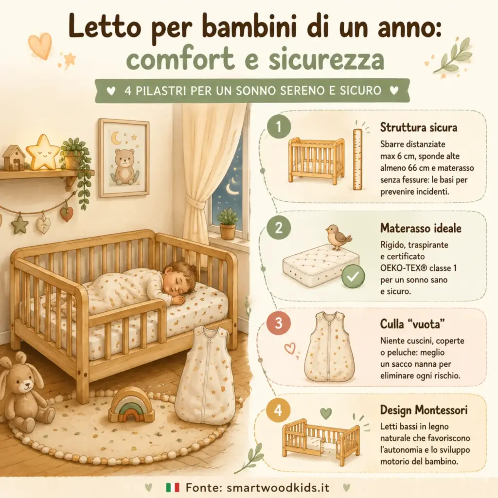 nfografica Smartwood - letto per bambini di un anno: struttura sicura, materasso ideale, culla "vuota" e design Montessori.