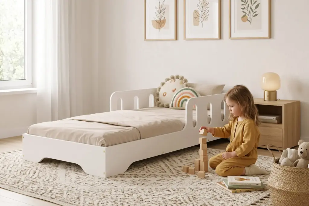 Letto per bambini Smartwood TILA 6 in legno bianco con sponde - bambina che gioca con i cubi accanto al letto.