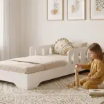 Letto per bambini Smartwood TILA 6 in legno bianco con sponde - bambina che gioca con i cubi accanto al letto.