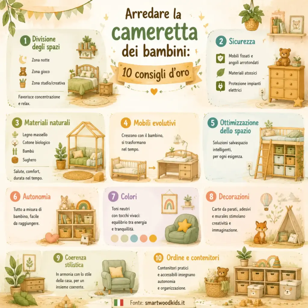Infografica: arredare la cameretta dei bambini - 10 consigli d'oro per spazi sicuri, funzionali e armoniosi.