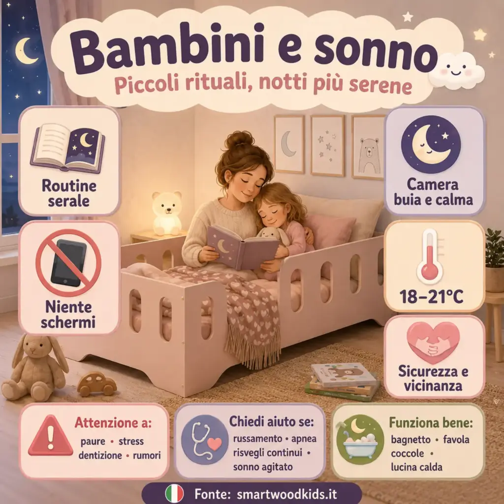 Infografica: bambini e sonno - routine serale, niente schermi, camera buia e calma per notti più serene.