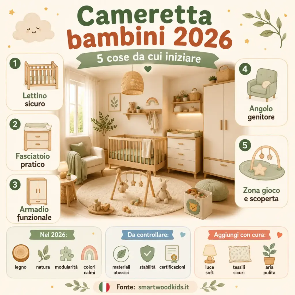 Infografica: cameretta bambini 2026 - lettino sicuro, fasciatoio pratico, armadio funzionale, angolo genitore e zona gioco.