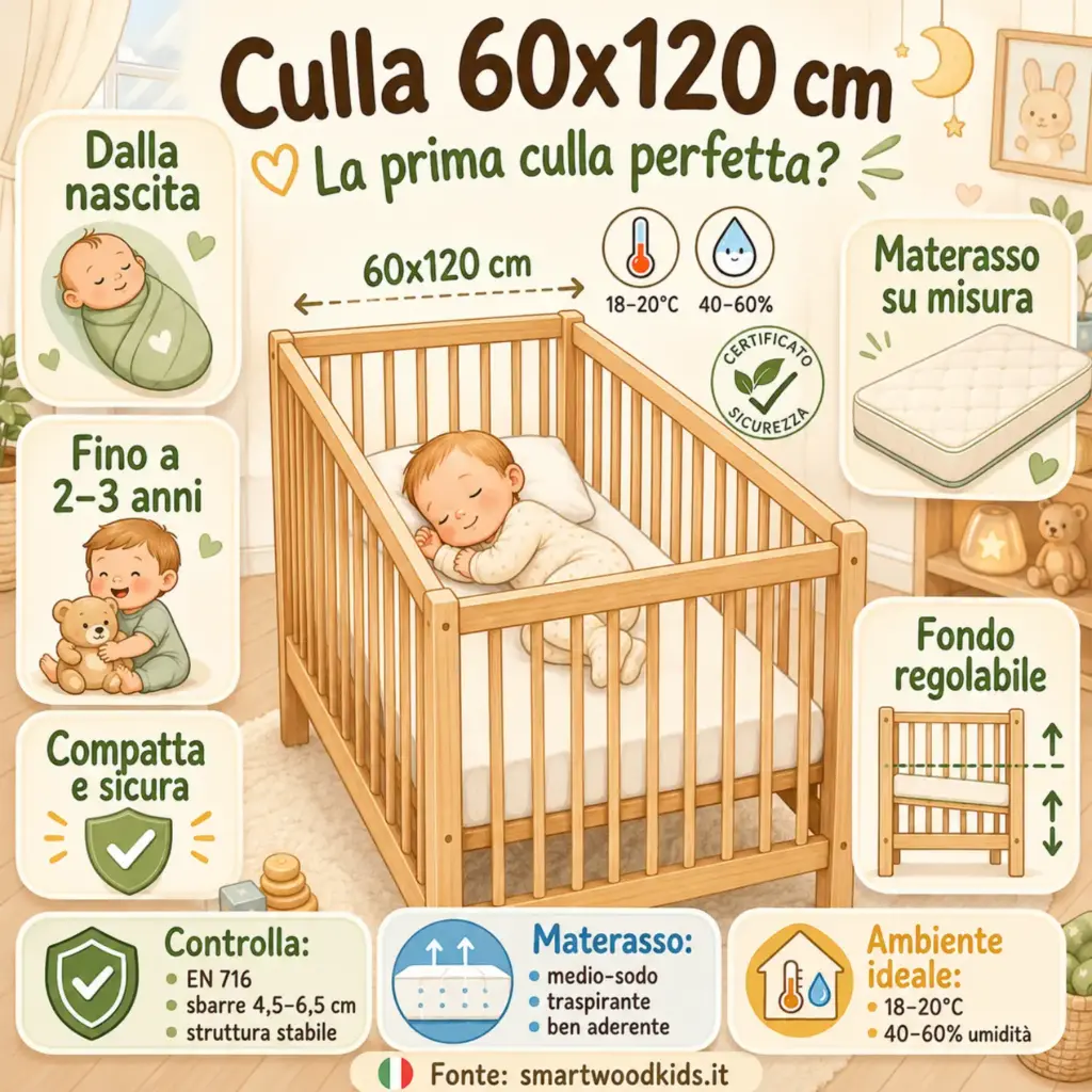 Infografica: culla 60x120 cm - dalla nascita ai 2-3 anni, compatta, sicura, con materasso su misura e fondo regolabile.