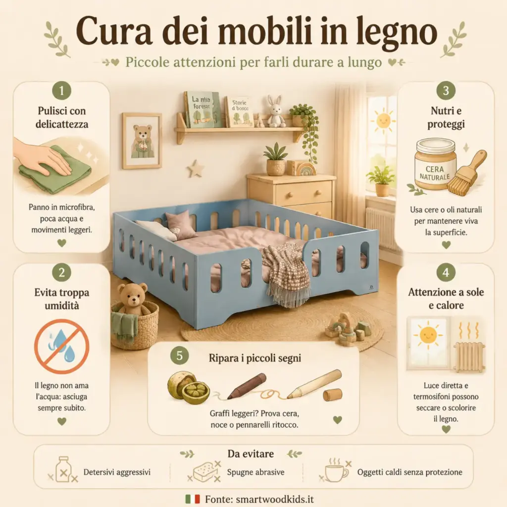Infografica: cura dei mobili in legno - pulizia delicata, protezione e attenzione a umidità, sole e calore.
