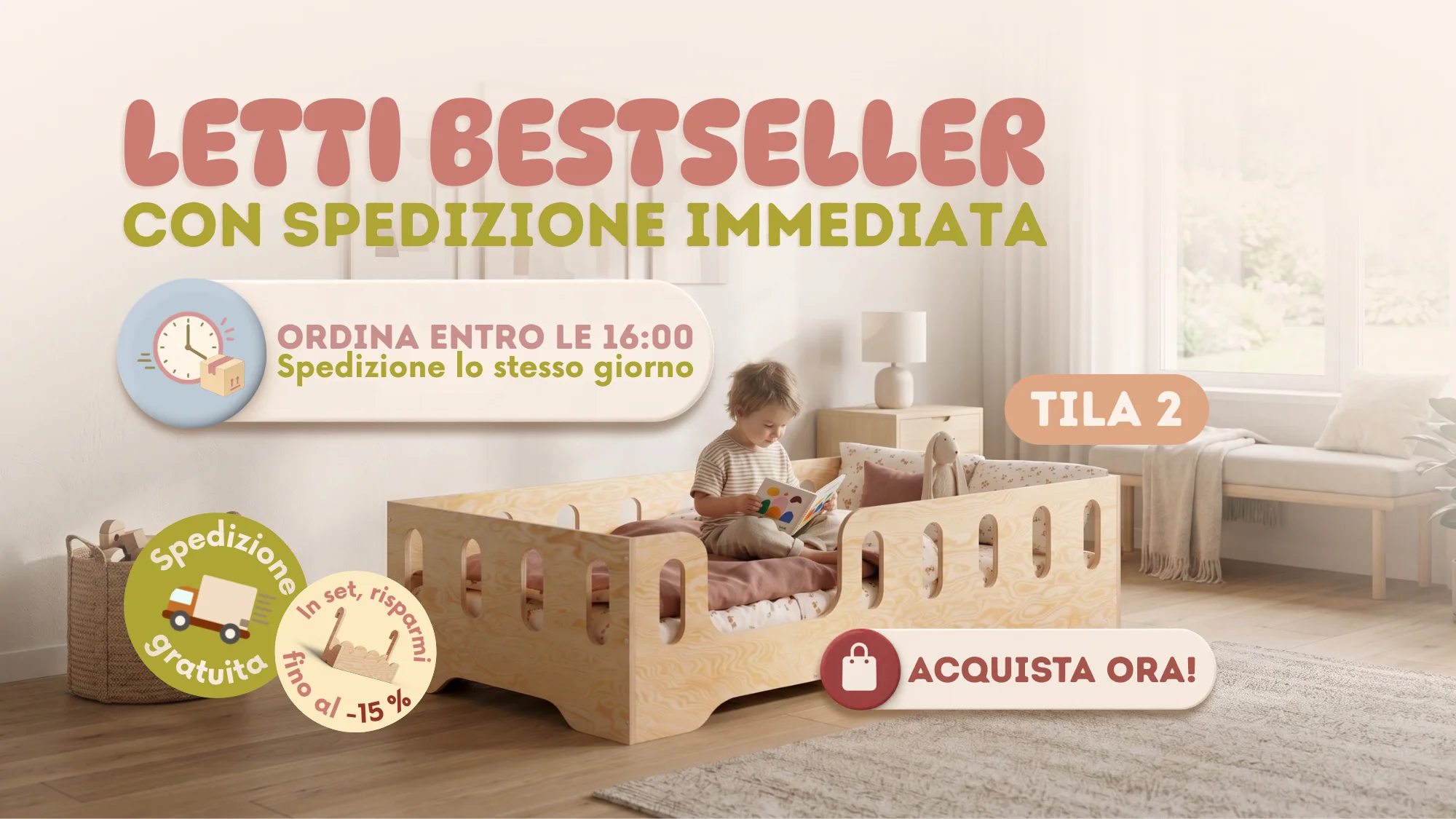 Letto per bambini in legno Tila 2 in una cameretta, con informazione sulla spedizione lo stesso giorno per ordini entro le 16:00.
