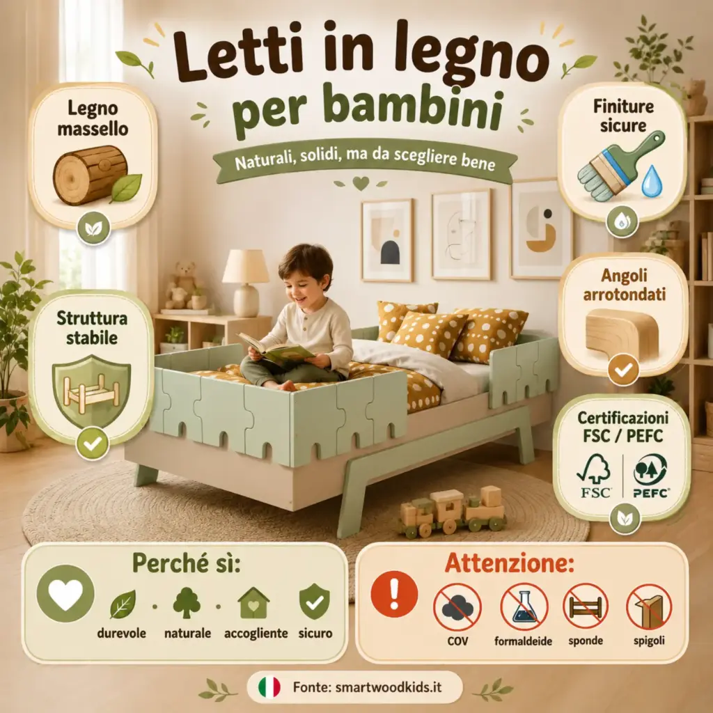Infografica: letti in legno per bambini - legno massello, finiture sicure, struttura stabile e certificazioni FSC/PEFC