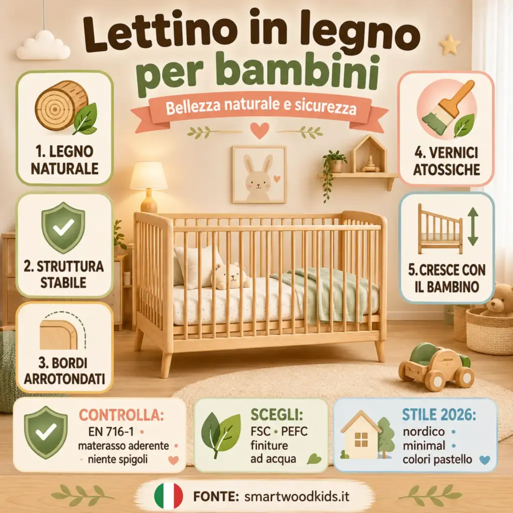 Infografica: lettino in legno per bambini -legno naturale, struttura stabile, bordi arrotondati e vernici atossiche.