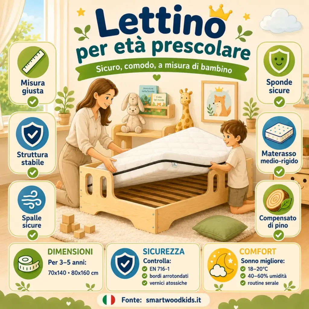 Infografica: lettino per età prescolare - misura giusta, struttura stabile, sponde sicure, materasso medio-rigido e legno massello.