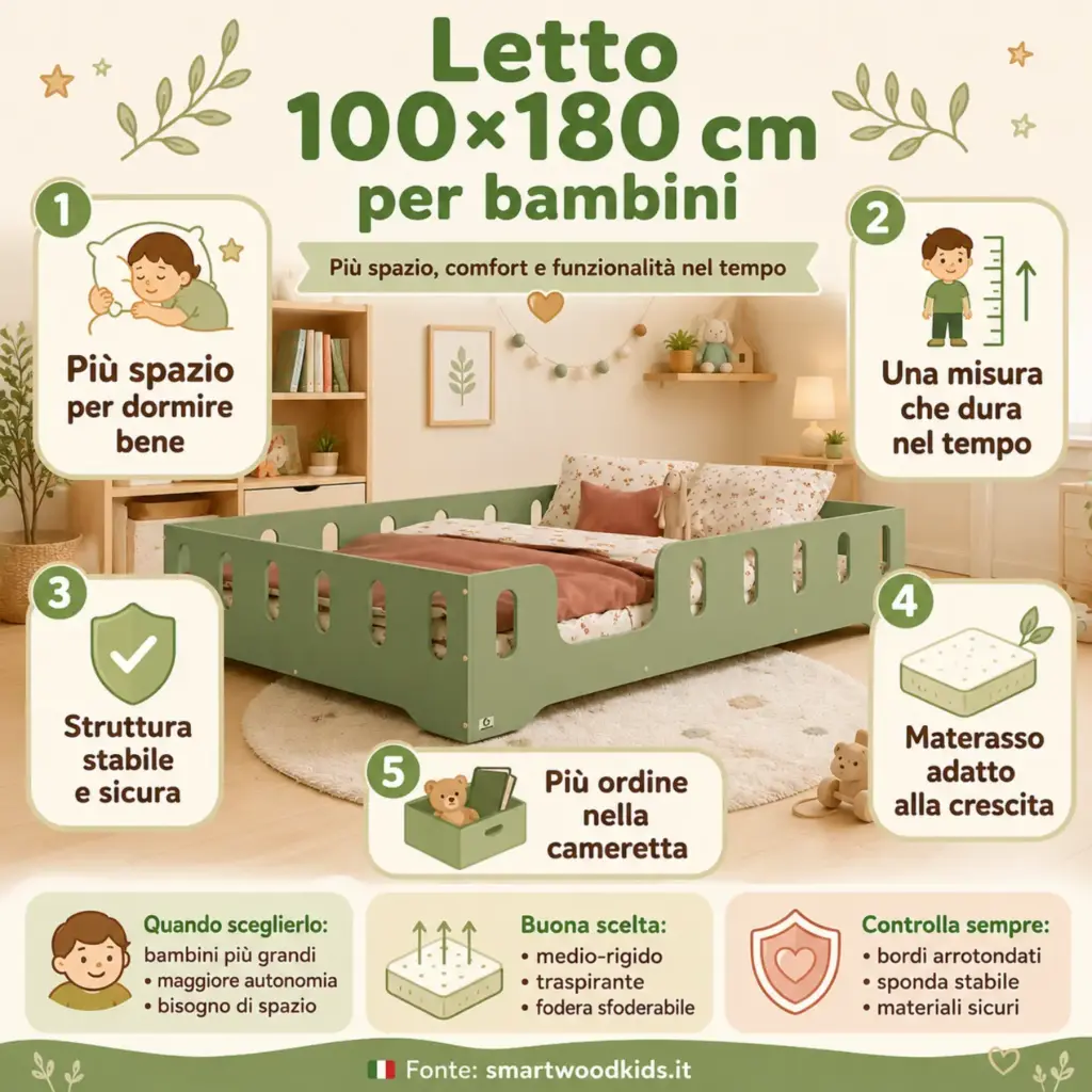 Infografica: letto 100x180 - più spazio per dormire, scelta duratura, autonomia quotidiana, sicurezza e design essenziale.
