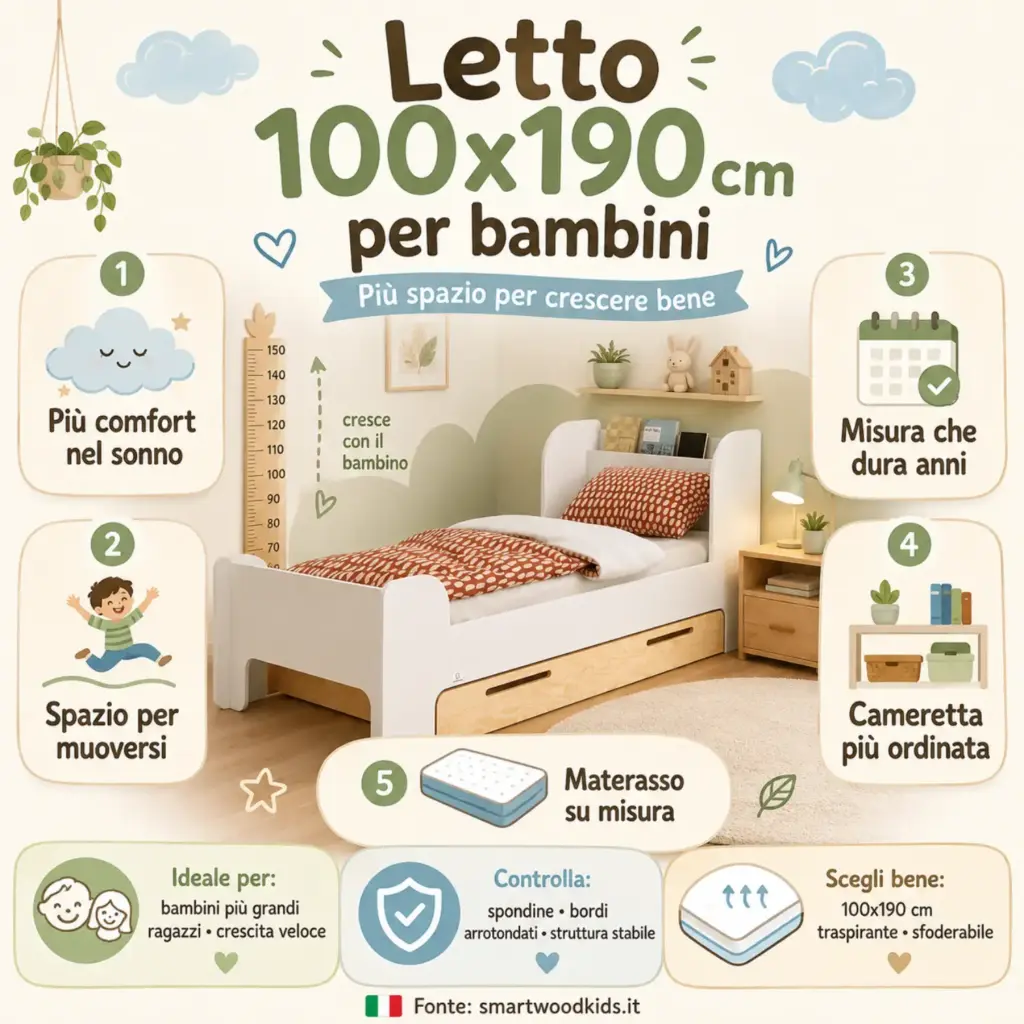 Infografica: letto 100×190 cm per bambini - più comfort, spazio per muoversi e una misura che dura anni.