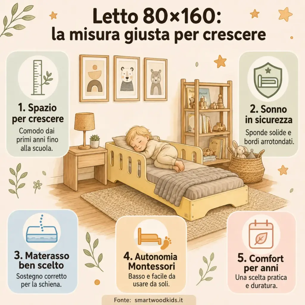 Infografica: letto 80x160 - spazio per crescere, sonno in sicurezza, materasso ben scelto, autonomia Montessori e comfort duraturo.