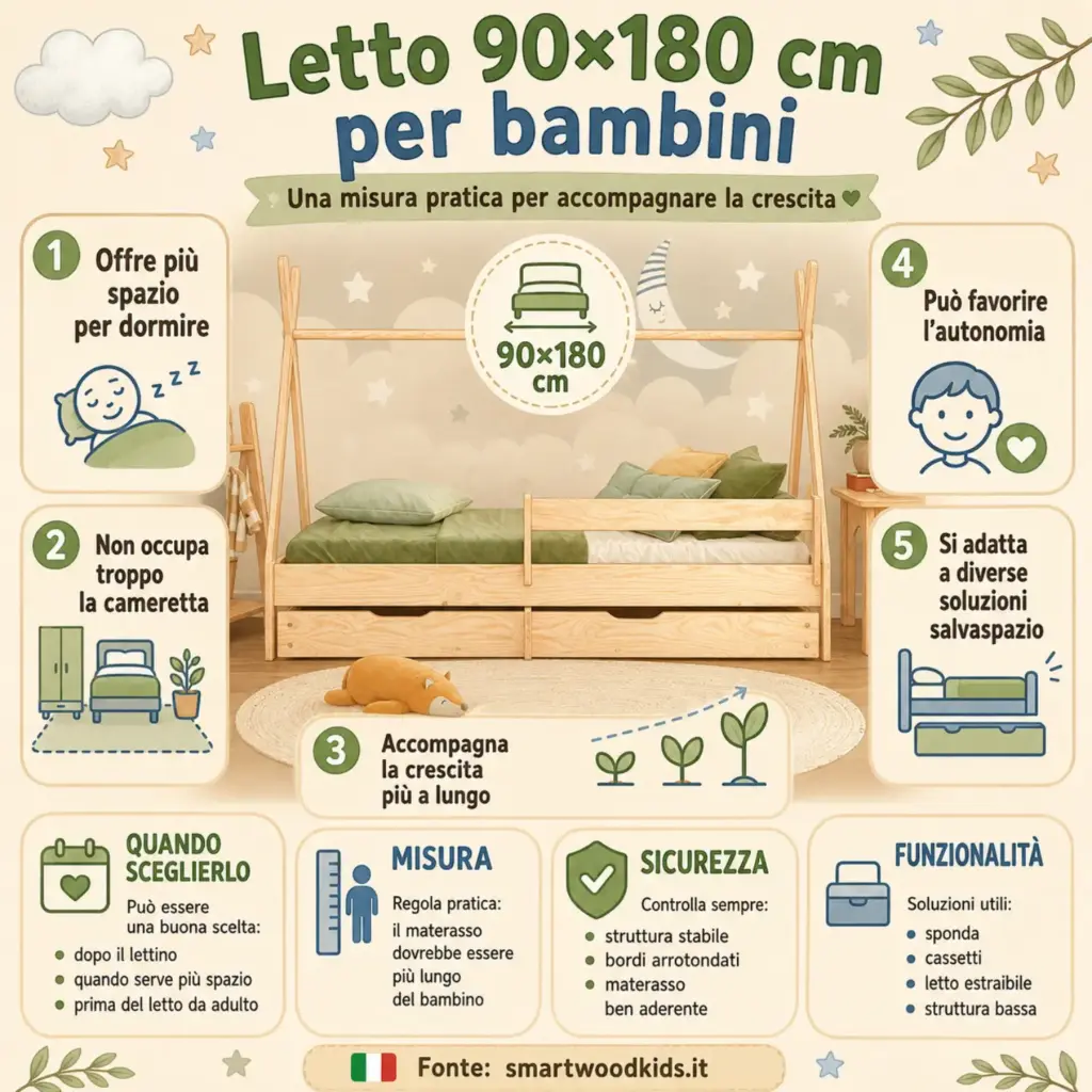 Infografica: letto 90×180 cm per bambini - più spazio per dormire, cassetti salvaspazio e struttura che accompagna la crescita.