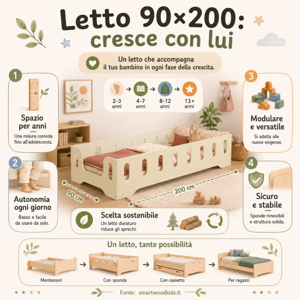 Infografica: letto 90x200 che cresce con il bambino - spazio per anni, autonomia, modularità, sicurezza e scelta sostenibile.
