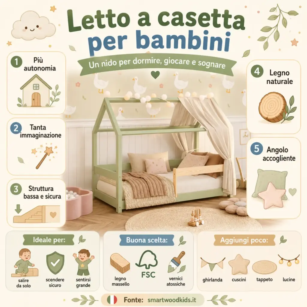 Infografica: letto a casetta per bambini - più autonomia, struttura bassa e sicura, legno naturale e angolo accogliente.