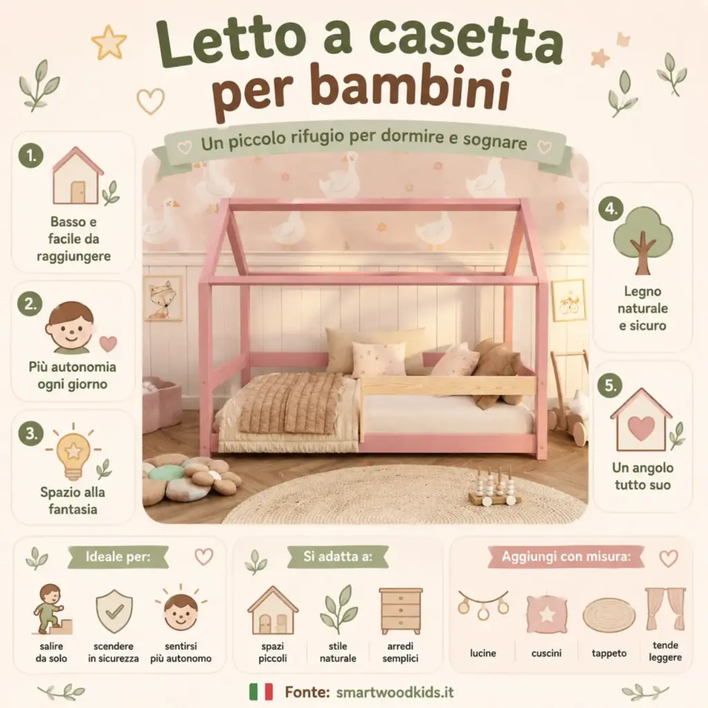 Infografica: letto a casetta per bambini -basso e facile da raggiungere, più autonomia, legno naturale e sicuro e un angolo tutto suo