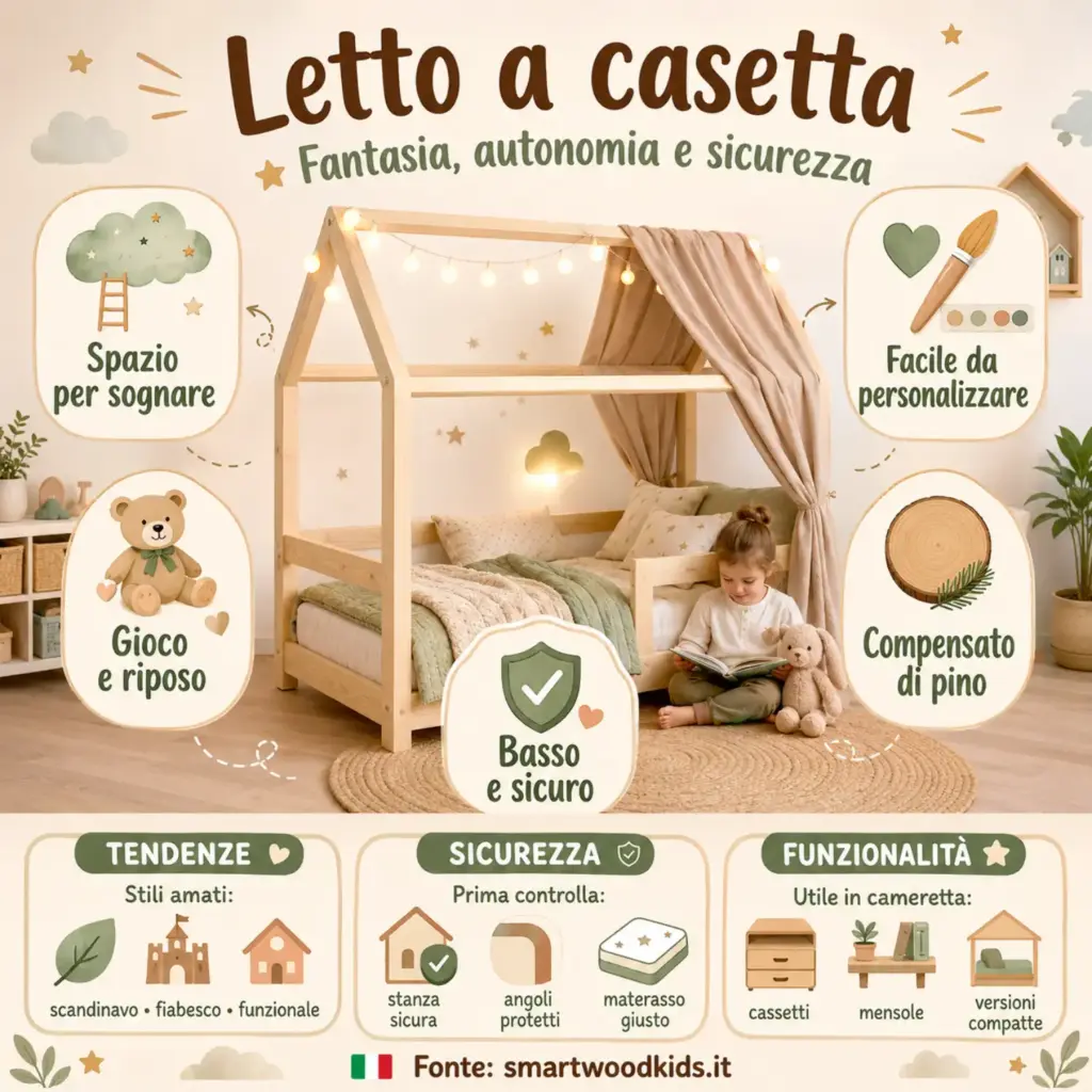 Infografica: letto a casetta - spazio per sognare, gioco e riposo, basso e sicuro e facile da personalizzare.