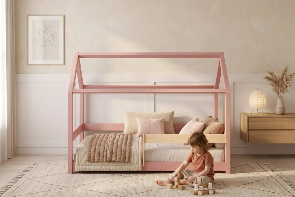 Letto a casetta MILO color rosa con struttura a capanna, un bambino gioca con i cubi di legno accanto al letto.