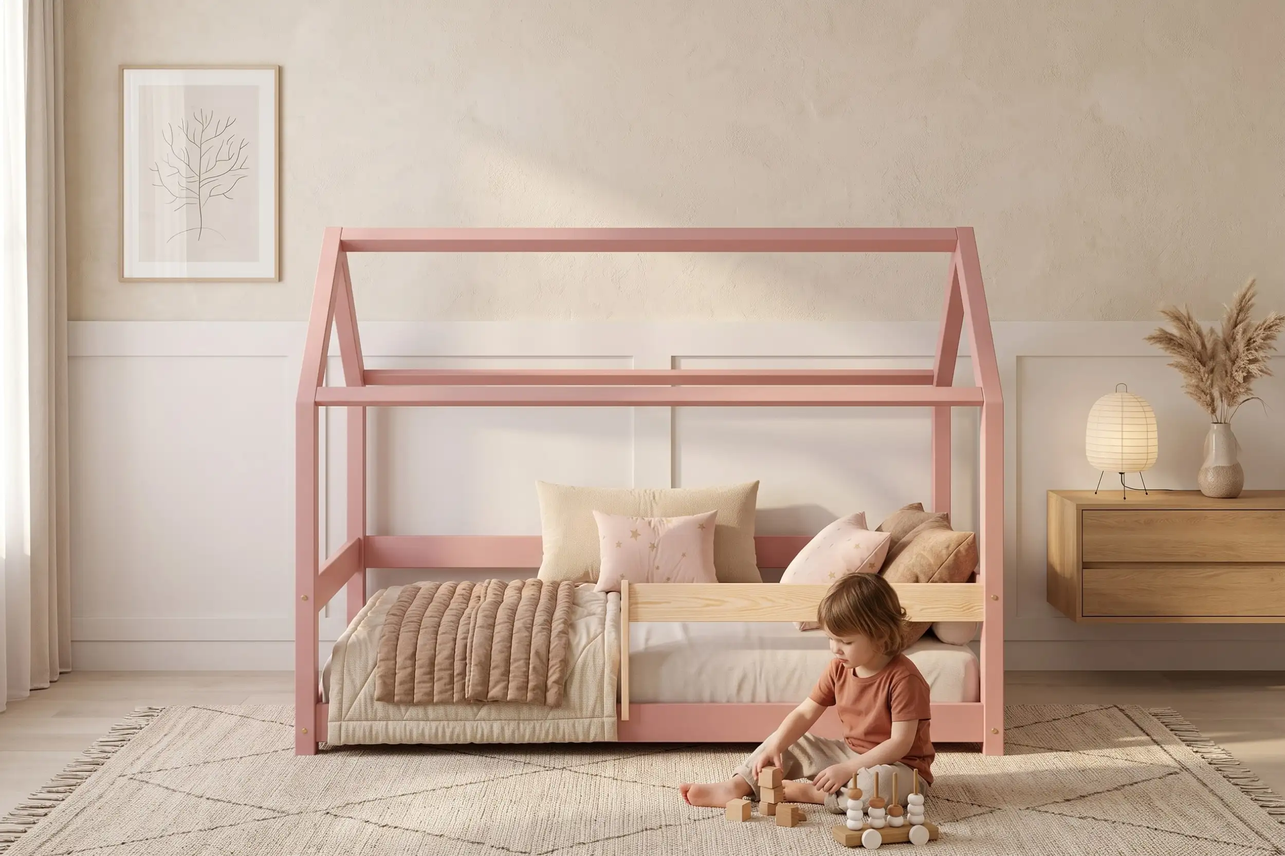 Letto a casetta MILO color rosa con struttura a capanna, un bambino gioca con i cubi di legno accanto al letto.