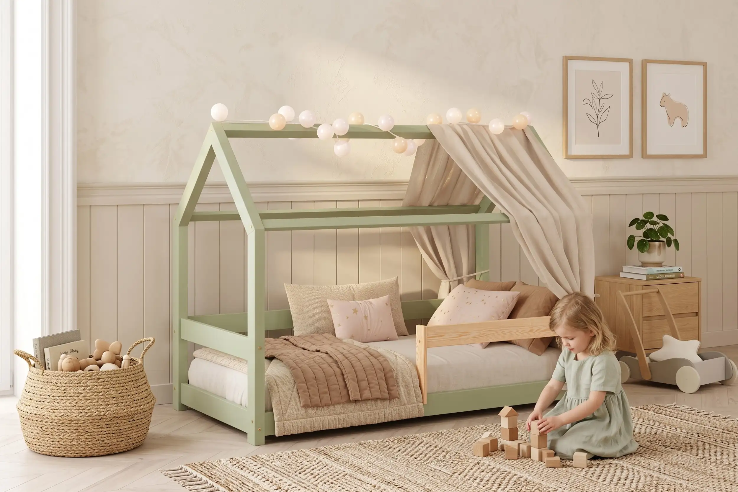 Letto a casetta MILO color verde salvia con baldacchino e luci, una bambina gioca con i cubi di legno sul tappeto.