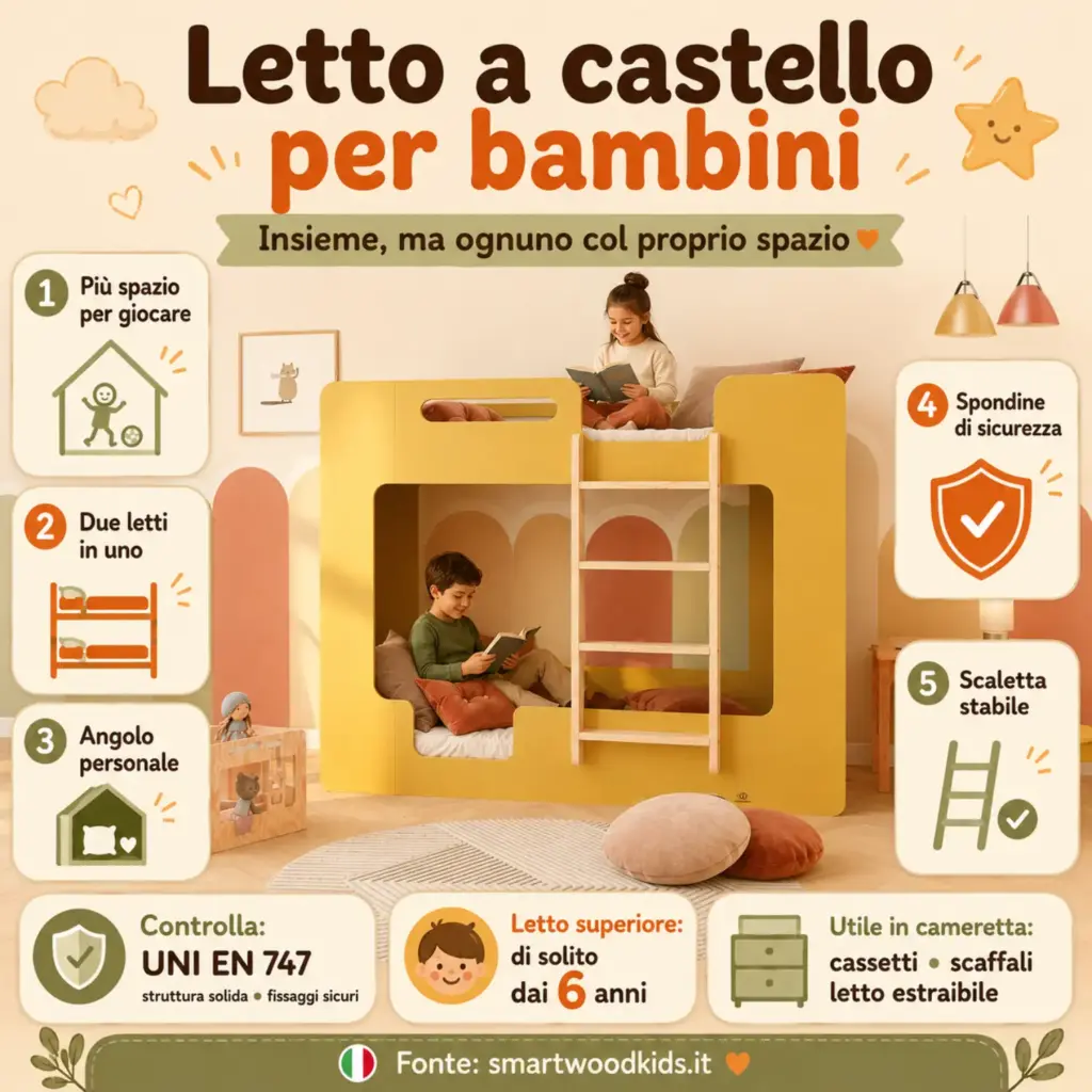 Infografica: letto a castello per bambini - più spazio per giocare, due letti in uno, spondine di sicurezza e scaletta stabile.