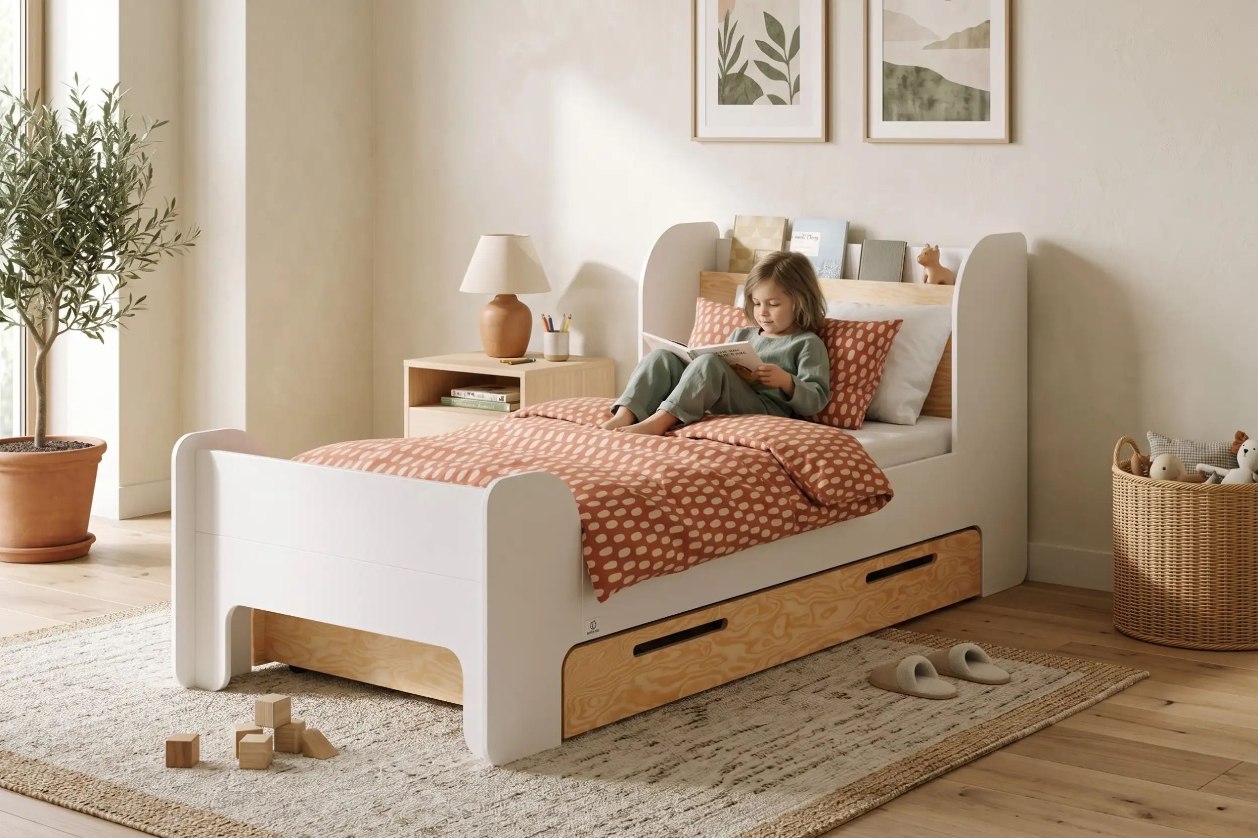 Letto per bambini FLOU D con cassetto, bianco e legno naturale con mensola per libri, una bambina legge un libro sul letto.
