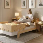 Letto per bambini PUZZLE BR2 in legno naturale con sponde a forma di puzzle, una bambina legge un libro sul letto.