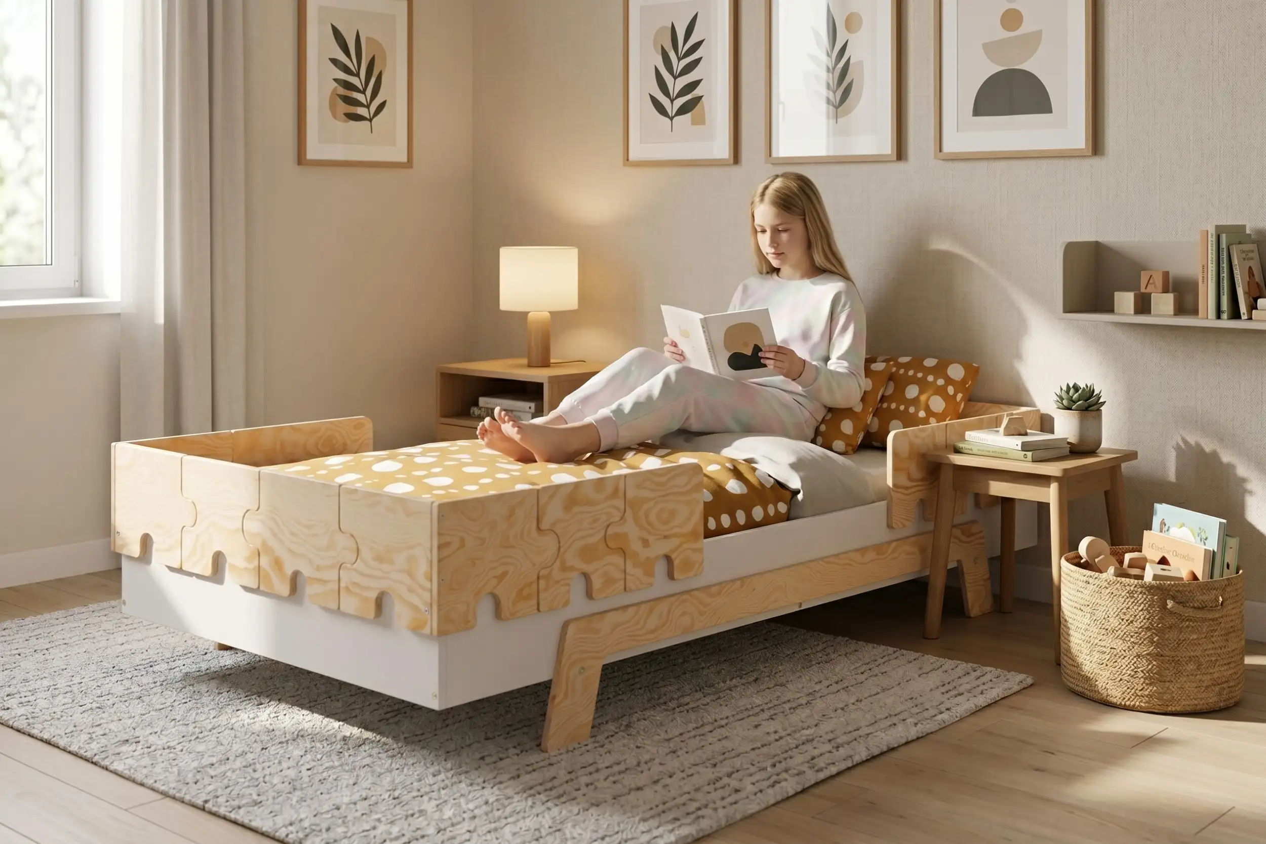 Letto per bambini PUZZLE BR2 in legno naturale con sponde a forma di puzzle, una bambina legge un libro sul letto.