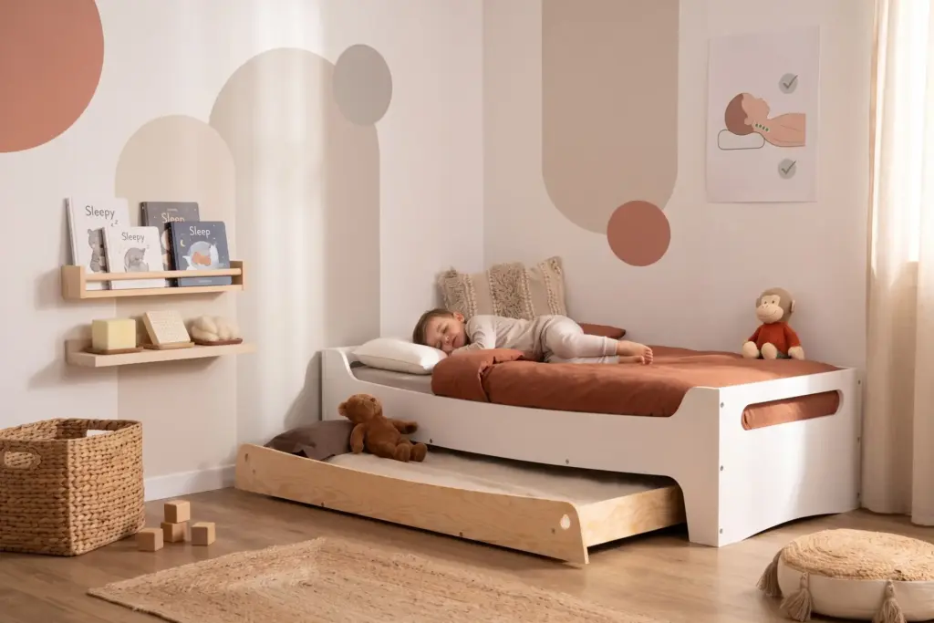 Letto per bambini TILA 10 color bianco con cassetto estraibile, un bambino dorme con una coperta color terracotta.