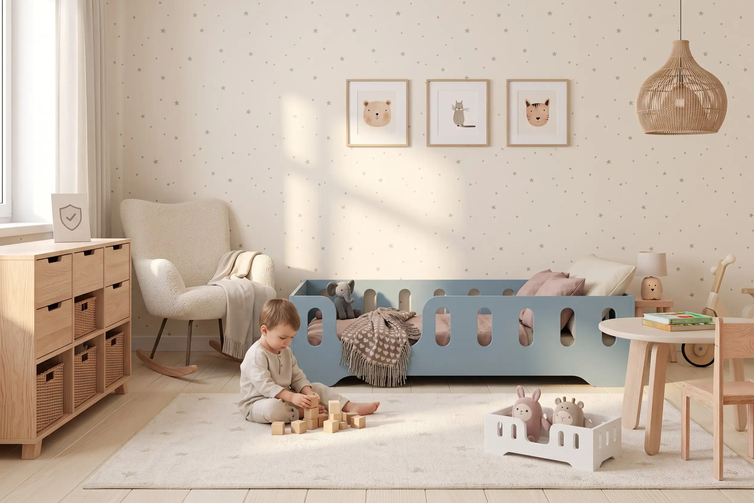 Letto per bambini Montessori TILA 2 color azzurro con sponde ad asole, un bambino gioca con i cubi di legno sul tappeto.