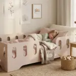 Letto per bambini Montessori TILA 2 color cachemire con sponde ad asole, una bambina dorme con una coperta a cuori.