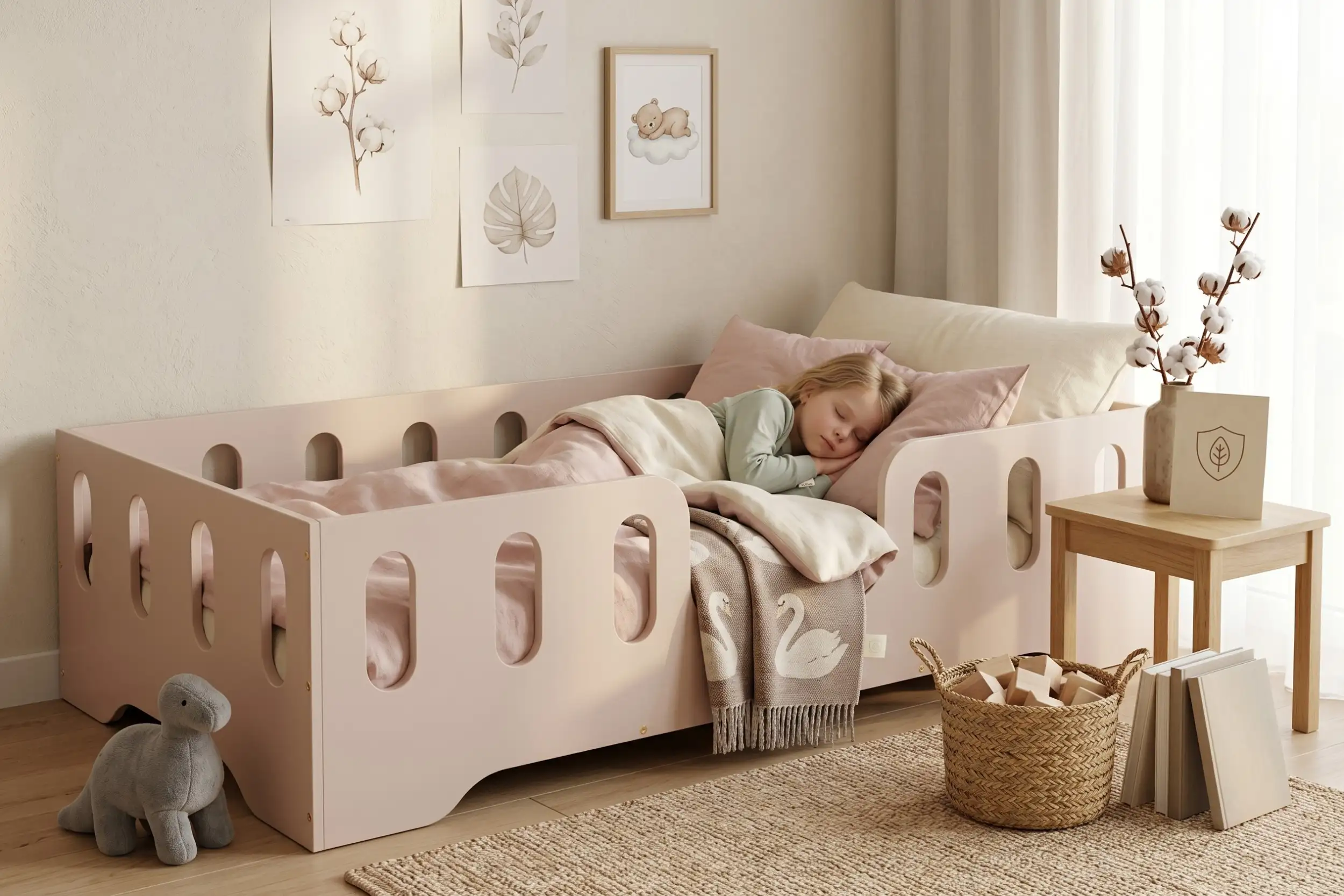 Letto per bambini Montessori TILA 2 color cachemire con sponde ad asole, una bambina dorme con una coperta a cuori.